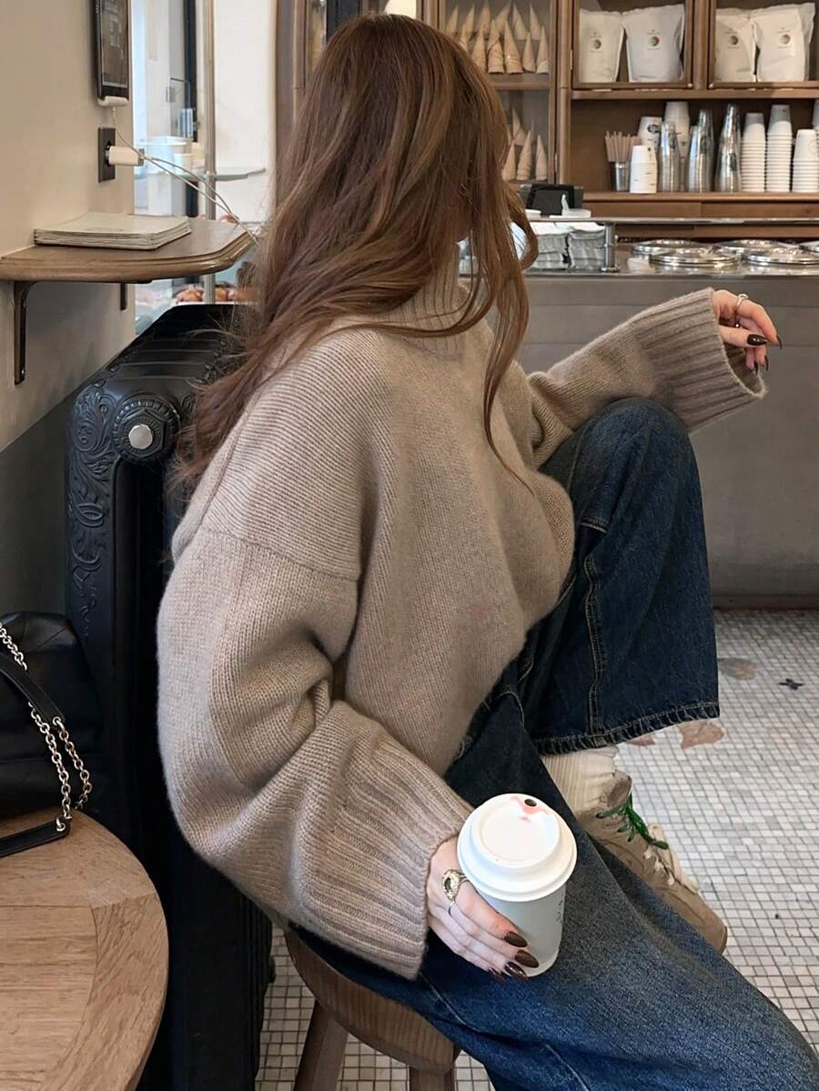 Sweater Pullover Leher Tinggi Rajut Bergaris untuk Wanita, Sweater Rajut Gaya Dasar Lengan Panjang, Elastisitas Sedang, Kasual Musim Gugur/Dingin, Warna Oatmeal Musim Gugur - Havermut - View 1