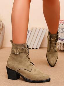 Women's Lace-Up Western Style Ankle Boots, Buckle Strap Chunky Heel Pointed Toe Boots - Khaki - View 5