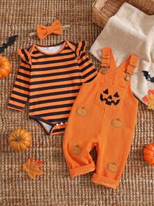 Infant Girl Long Sleeve Flutter Sleeve Striped Bodysuit Ribbed Pumpkin Embroidery Overalls Headband 3pcs Set Cute Halloween Baby Outfit Spring Autumn Holiday Outing Daily Wear - Multicolor - View 1