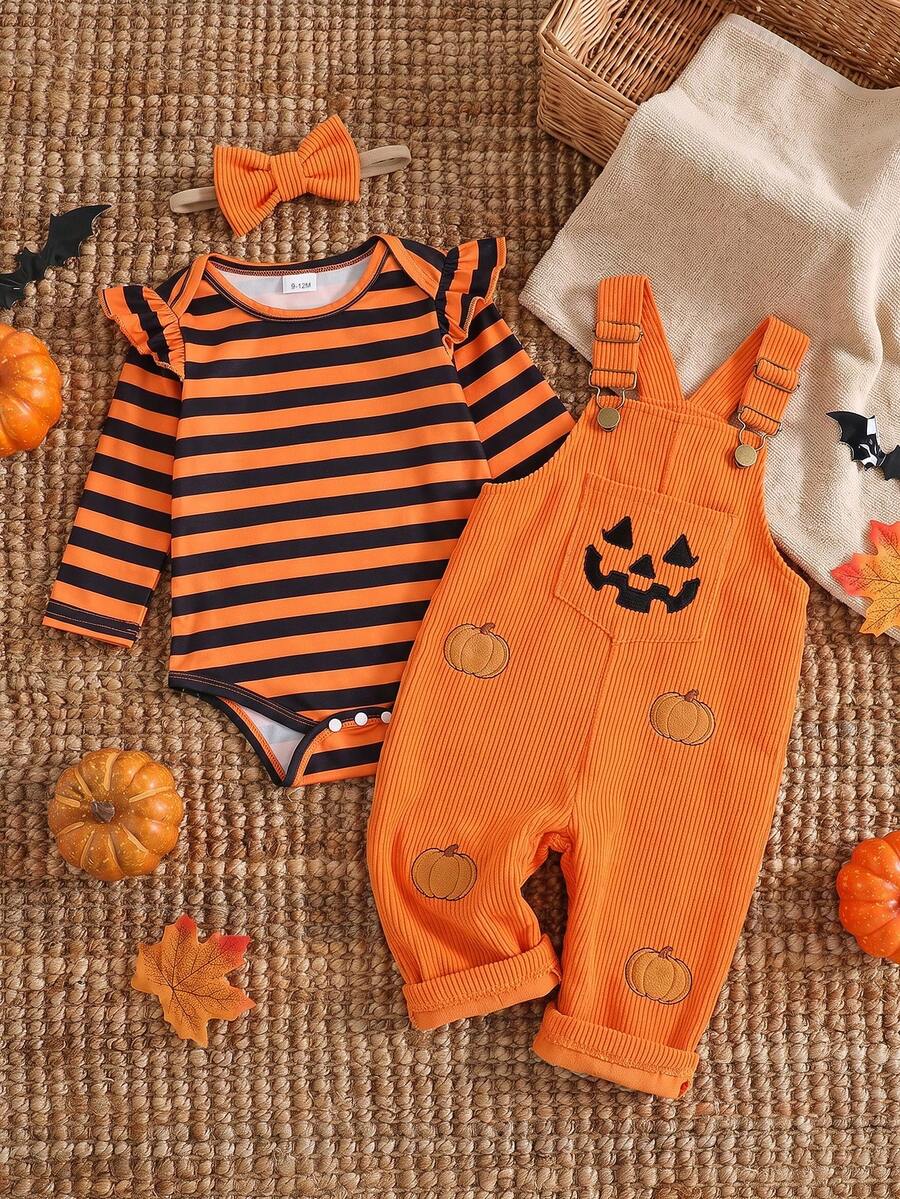 Infant Girl Long Sleeve Flutter Sleeve Striped Bodysuit Ribbed Pumpkin Embroidery Overalls Headband 3pcs Set Cute Halloween Baby Outfit Spring Autumn Holiday Outing Daily Wear - Multicolor - View 1