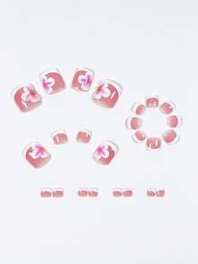 24pcs Kuku Tempel Pendek Bentuk Persegi Gaya Prancis Manis dengan Kelopak 3D Warna Pink & Putih dan Pinggiran Putih - MultiWarna - View 3