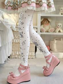 Harajuku Animecore Cute Cat Doodle Print Tights Novelty Graphic Hosiery Cosplay Accessories - White - View 3