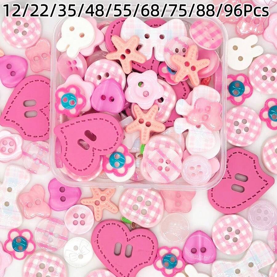 12/22/35/48/55/68/75/88/96Pcs Pink Resin Buttons In Box, Heart Rabbit Starfish Flower Assorted Shapes, Suitable For Cream Glue DIY, Hair Accessories, Clothing Fabric, Keychain Handmade Decoration Accessories, Random Styles - Multicolor - View 1
