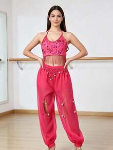 Atasan Crop Top Halter Berhiaskan Manik-Manik Tebal dengan Rumbai, Pinggang Elastis, Liontin Koin Berongga, Belahan, dan Celana Dansa Longgar dengan Manset (Tersedia Berbagai Warna) - MultiWarna - View 13