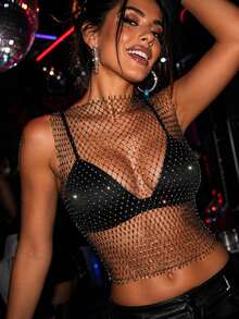 A Piece Women Rhinestone Decor Fishnet Tank Top Without Bra Sexy Party Accessories,Summer Beach Style,Breathable, Sparkling And Charming Tank Top - Black - View 4