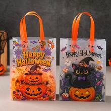 6 Stücke, neue Halloween frostige transparente Geschenktüten, ideal zum Präsentieren von Sammlungen, klare Halloween Süßigkeitentüten mit Griffen, Cartoon Geist Katze Kürbis, Partygeschenke - Verschiedenfarbig - Übersicht 7