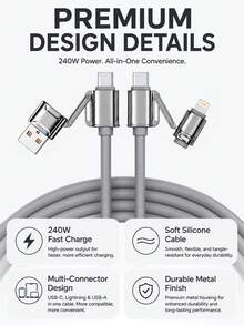 4合1多功能充電線，USB-A/USB-C輸入轉USB-C/Lightning輸出，最高240W USB-C轉USB-C快充，柔軟矽膠充電線配金屬接頭，適用於手機、平板電腦和筆記本電腦 - 灰色 - 查看 5