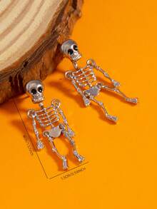 1 Pasang Anting Tengkorak Gothic Gelap Baru untuk Halloween, Perhiasan Telinga Kerangka Asimetris yang Dipersonalisasi - Perak - View 4