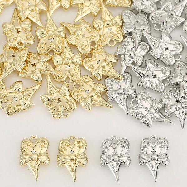 1/10 piezas dijes de lazo y corazón en tono dorado y plateado, colgantes de cobre con patrón de estrella, accesorios para hacer joyas DIY a mano