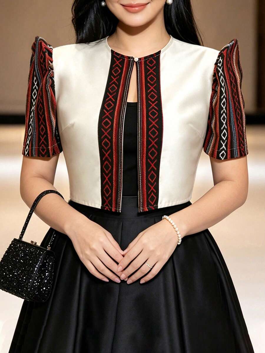 現代菲律賓風女式襯衫,蝴蝶袖,春夏印花立領花瓣袖拼色開襟衫,Buwan Ng Wika - 杏色 - 查看 1