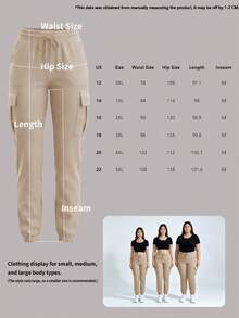 Women's Fashion Casual Solid Color Minimalist Pocket Elastic Waist Drawstring Cargo Pants Spring - Apricot - View 6