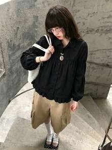 Early Autumn Pleated Patchwork Button-Down Turn Collar Loose Solid Color Ruffle Long Sleeve Blouse For Women - Black - View 3