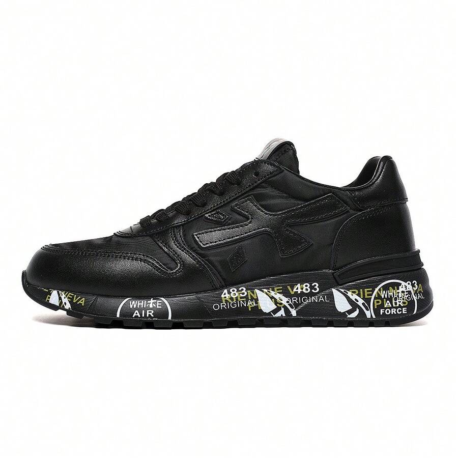 Men's Retro Color Block Suede Panel Sneakers Breathable Mesh Casual Running Shoes Non-Slip Printed Sole Fashion Walking Trainers - 邇富大米全黑 - 查看 1