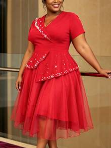 Plus Size Red A Line Tulle Dress V Neck Short Sleeves Irregular Peplum Pearl Trim Mesh Overlay Elegant Summer Wedding Guest Christmas Party Dress - Red - View 4