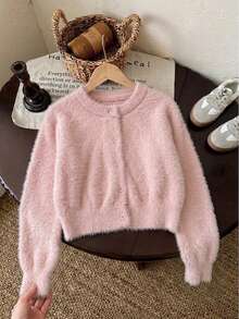 Girls Elegant Solid Color Cardigan Sweater Short Jacket Suitable For Casual Vacation Spring Autumn Winter - Pink - View 2