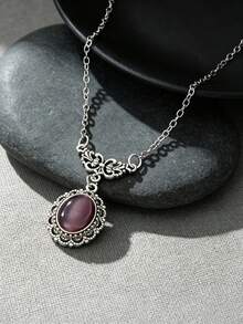 Vintage Gothic Victorian Purple Oval Crystal Pendant Necklace Silver Color Bat Pattern Chain Necklace Women Dark Aesthetic Party Witch Jewelry Gift - Pendant Necklace - View 2