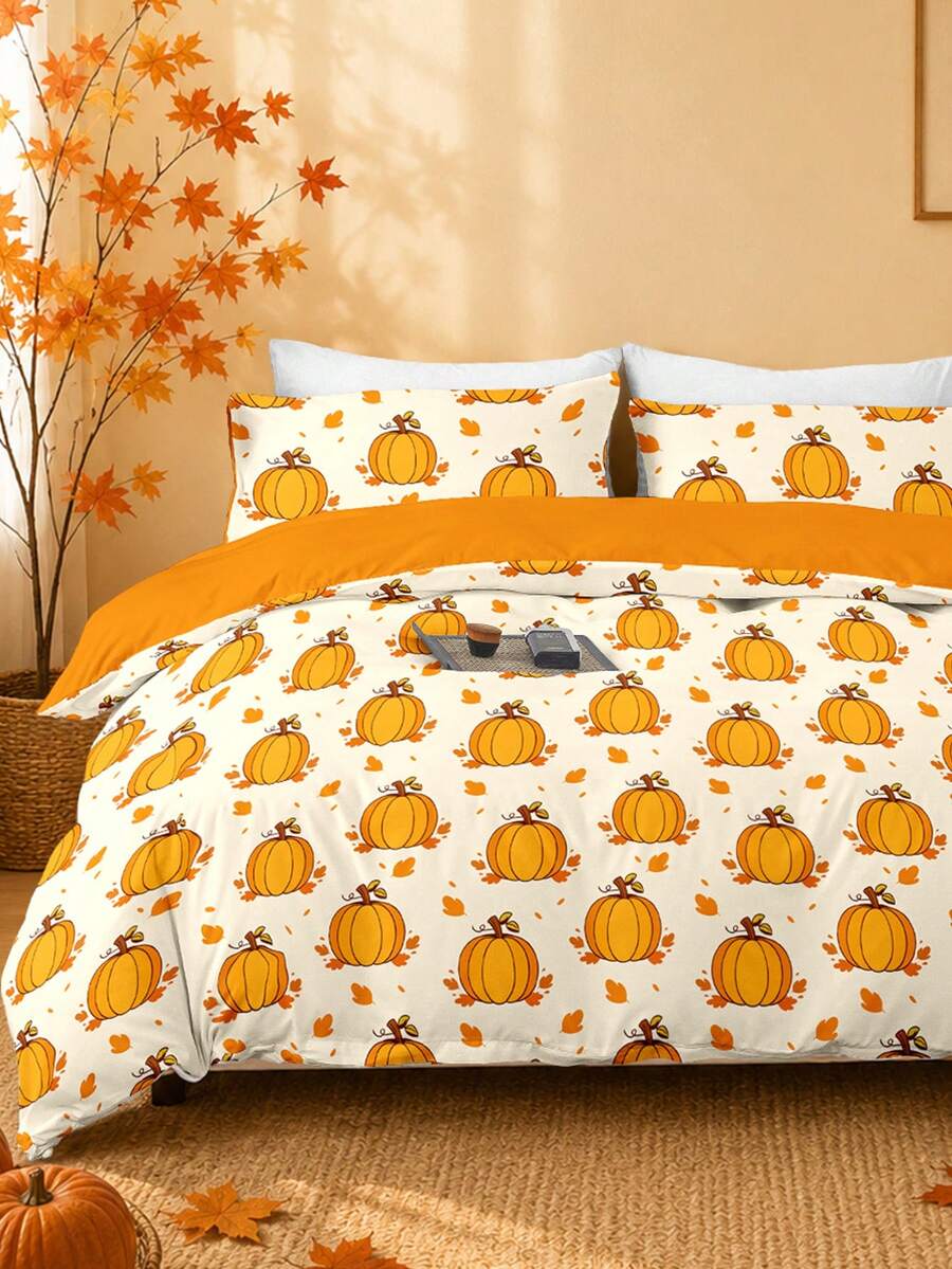2/3pcs Halloween & Thanksgiving Duvet Cover Set, Pumpkin & Maple Leaf Patchwork Digital Print, Soft Breathable Microfiber All-Season Bedding, Machine Washable, Fade-Resistant, Anti-Pilling, Anti-Shrink, Anti-Wrinkle, Suitable For Twin/Full/Queen/King Bed, Easy Care Holiday Gift - Multicolor - View 1