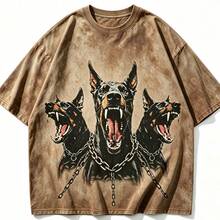 2026 New Arrival Summer Unisex Cerberus Doberman Graphic T-Shirt,Sleeve Tee, Gothic Three-Headed Dog Print Oversized Top For Streetwear - 卡其色 - 查看 2
