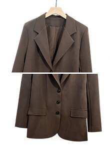 Women's Autumn/Winter Daily Light Commute Oversized Padded Shoulder Mid-Length Single-Breasted Long Sleeve Blazer With Lining - Brown - View 6