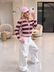 MORI Cardigan Wanita Musim Gugur Musim Dingin Y2K Pink Cokelat Bergaris Ritsleting Penuh Kerah Berlipat Lengan Panjang Pas Badan Rajut Bergaris Pendek Atasan Sweater - Merah muda dan cokelat - View 2