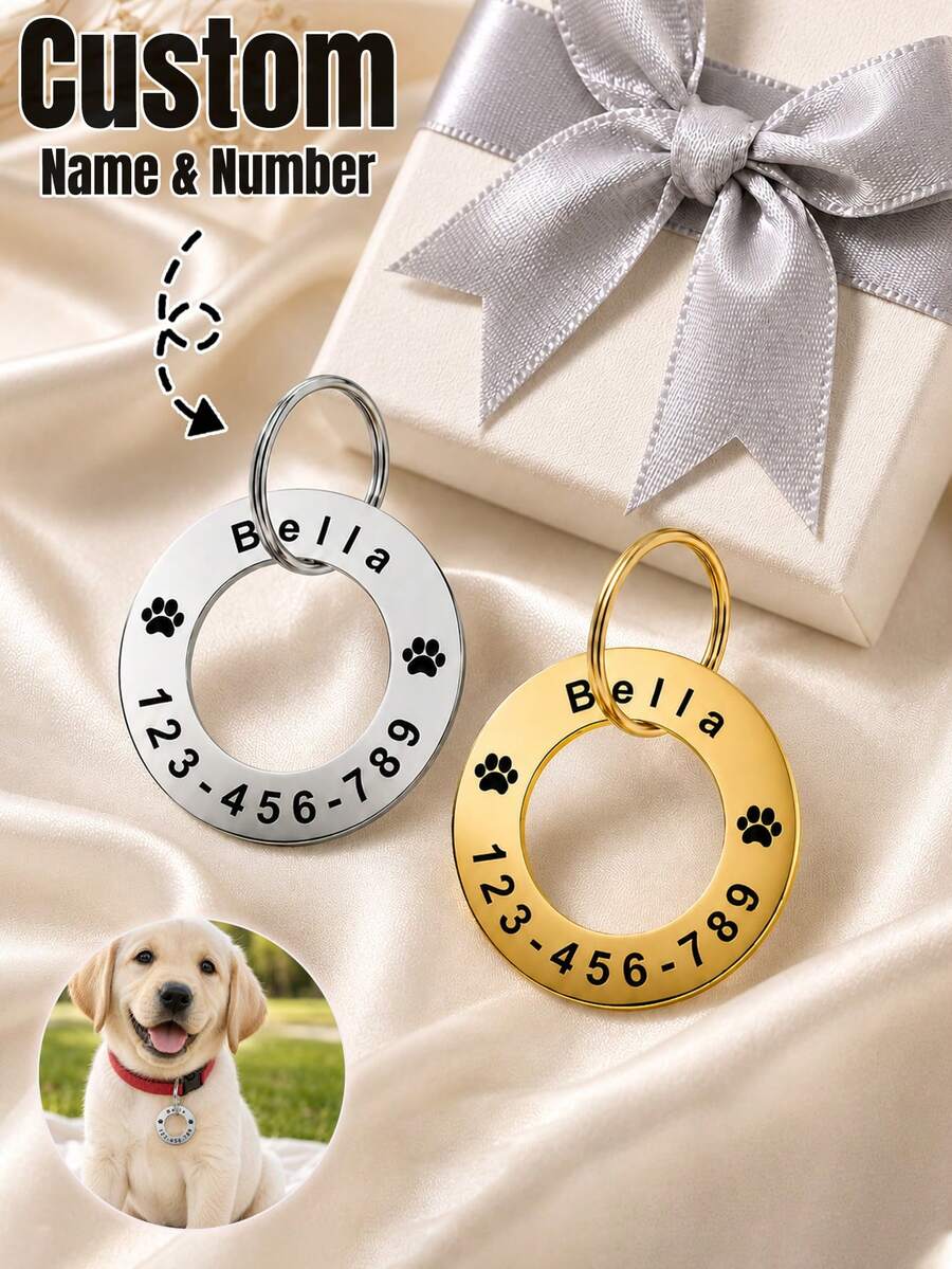 Custom Pet Ring Tag, Minimalist Personalized Dog Cat ID Charm For Collar And Daily Wear, Customized Name Number Memorial Pendant, Customizable Pet Keepsake Gift, Birthday, Halloween And Christmas - Multicolor - View 1