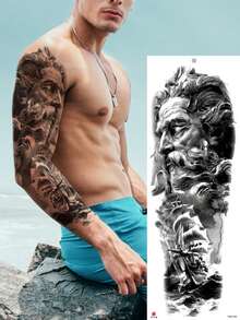 1 Pc Full Arm Temporary Tattoo Sleeve, Black & Grey Gothic Skull Warrior Ship Design, Steampunk Mechanical Style Fake Tattoo Sticker, Realistic Body Art, Waterproof Long Lasting Tattoo Transfer For Men - Black - View 14