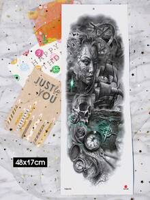 1 Pc Full Arm Temporary Tattoo Sleeve, Black & Grey Gothic Skull Warrior Ship Design, Steampunk Mechanical Style Fake Tattoo Sticker, Realistic Body Art, Waterproof Long Lasting Tattoo Transfer For Men - Black - View 8