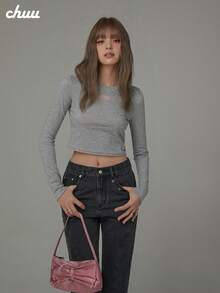 CHUU Letter Print Long Sleeve T-Shirt Women Autumn Sweet Cool Slim Fit Round Neck Cropped Top - Grey - View 4