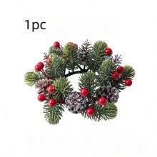 1/2pcs Christmas Decor Ornaments, Artificial Pine Branch Wreath, Desktop Candle Holder, Scented Candle Set, Amber Glass Jar Candle, Wooden Base Candle Holder, Pine Cone Decor, Frosted Pine Cone, Red Berry Decor, Christmas Wreath, Wall Hanging Wreath, Door Hanging Decor, Holiday Tabletop Decor, Living Room Decor, Dining Table Centerpiece, Entryway Decor - C - View 9