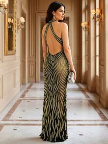 Women's Elegant Sleeveless Backless Rhinestone Embellished Sexy High Slit Party Formal Evening Gown Vacation Wedding - Gold - View 2