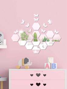 24Pc Silver Hexagon & Butterfly Combination Mirror Wall Stickers, Set Includes 14 Butterflies + 10 Hexagons, Acrylic Mirror Wall Decals For Home Decor - Silver - View 3