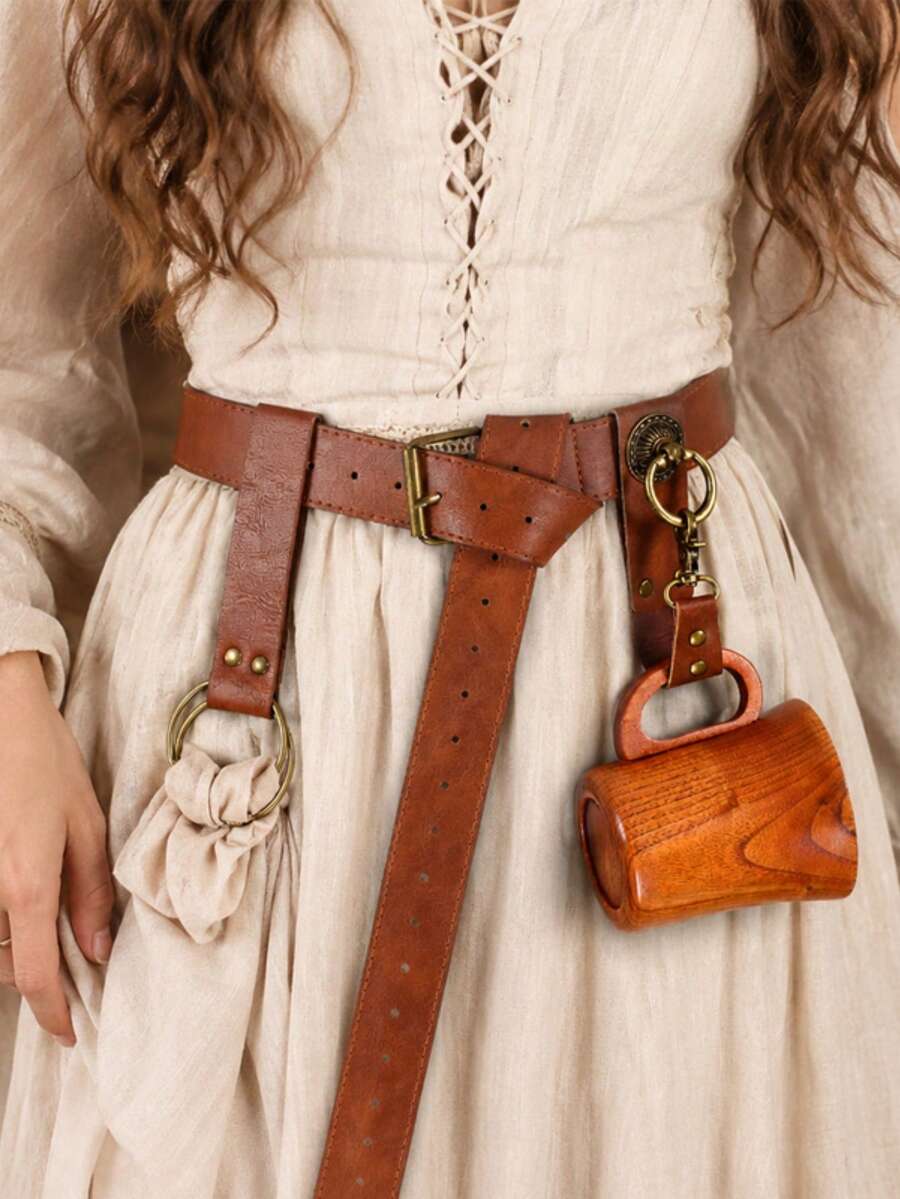 3 Peças Cinto Largo de Couro PU Vintage Medieval de Halloween, Fivela de Cinto e Clipe de Saia, Acessórios de Cosplay de Bruxa Renascentista e Cavaleiro - A - Visão 1