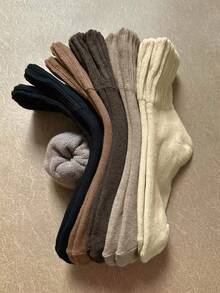 5 Pairs Women's Mid-Calf Socks, Solid Color, Marron Tone, Thermal Lined, Thickened, Warm, Cold-Resistant, Fashionable, Versatile, Suitable For Home, Sleep And Daily Wear - Multicolor - View 4