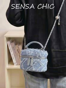 Fashionable Light Blue Diamond Hollow Handbag With Leather Top Handle And Adjustable Leather-Wrapped Metal Chain Shoulder Strap, Frayed Edge Details For Street Style, Compact Rectangular Body Fits Lipstick And Daily Essentials, Ideal For Street Looks And Casual Outings - Baby Blue - View 4