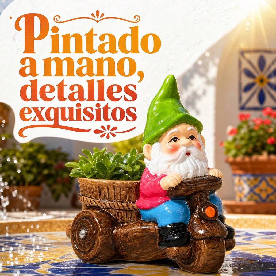 Maceta de cerámica con diseño de gnomo montado en motocicleta, maceta multifuncional pintada a mano para escritorio, balcón y decoración del hogar, estilo mediterráneo compacto - Multicolor - Ver 1
