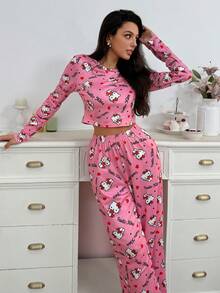 Noctvar OBM Sleepwear X Hello Kitty 2pcs Set Pakaian Rumah Anak Perempuan Motif Hello Kitty Pink, Atasan Lengan Panjang Pendek + Celana Panjang Lebar, Lembut, Ramah Kulit, Nyaman, dan Manis - Berwarna merah muda - View 6