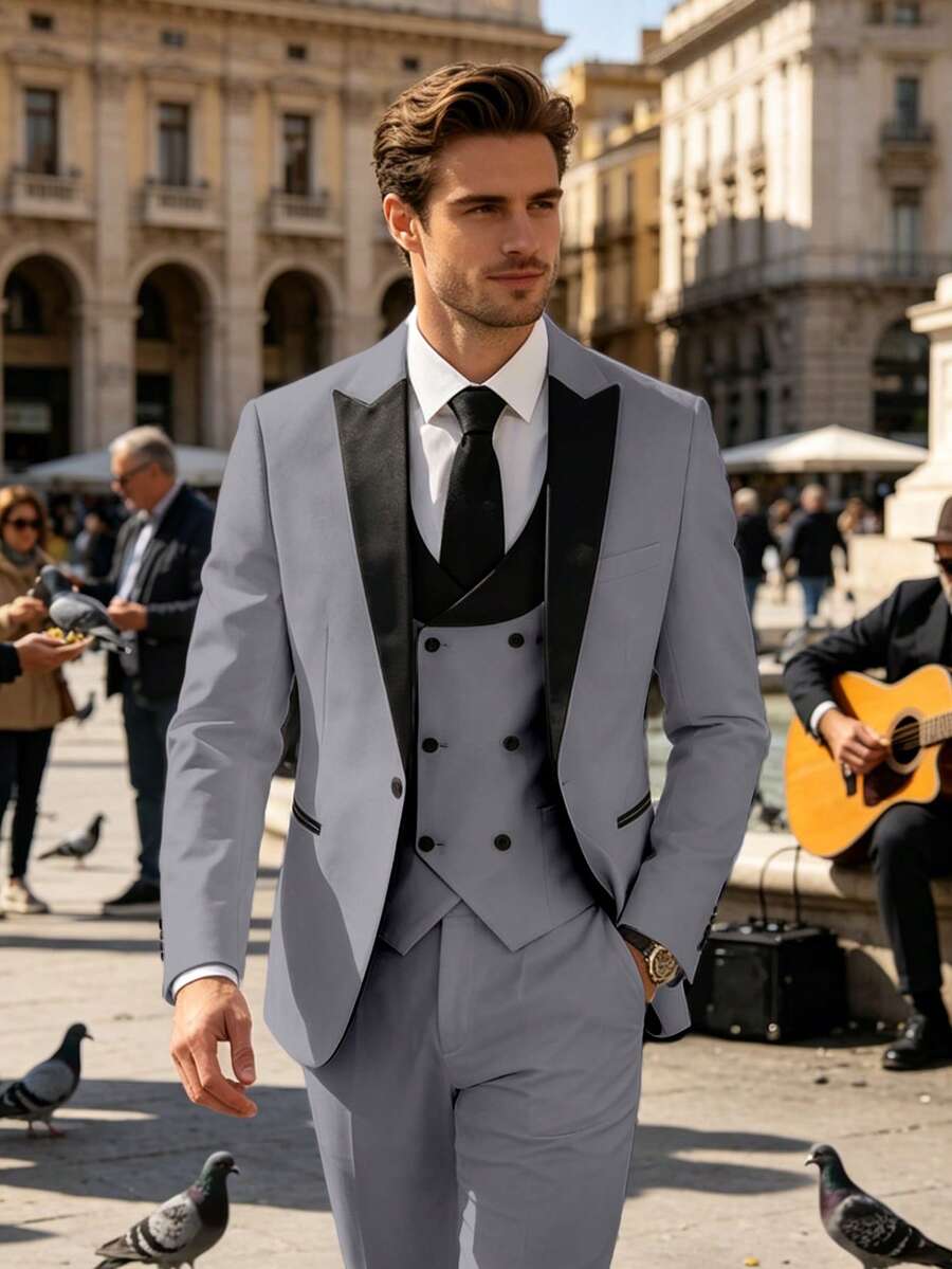 Men's Peak Lapel Tuxedo 3 Piece Suit Set, Solid Blazer Jacket&Double Breasted Vest&Pants, Formal Wedding Business Party Slim Fit Suit Size XS-3XL - 淺灰色 - 查看 1