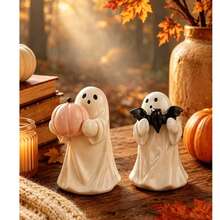 Artesanía plana de acrílico, decoración de escritorio de Halloween, figura de fantasma lindo sosteniendo calabaza y murciélago, decoración del hogar de otoño, adecuada para estantería, escritorio, repisa, dormitorio, sala de estar, decoración de fiesta de temporada estilo japonés lindo y espeluznante, regalo de decoración de habitación de Halloween y otoño para mujeres y niñas - 2pcs - Ver 2