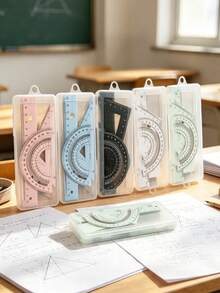 Multifunctional Geometric Ruler Set, Protractor, Triangle Ruler, Straight Ruler, Manual Measurement And Drawing Tools With Storage Box, 4 Colors Available: Pink, Mint Green, Light Blue, Taro Purple, For School, Woodworking, DIY, Teacher Gifts, Back To School Season - Multicolor - View 2