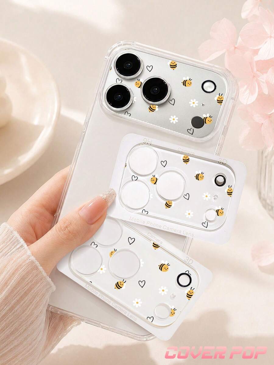 1 pc Pelindung Lensa Ponsel Pola Lebah & Bunga Eksklusif, Dekorasi Ponsel Cantik Hadiah untuk Anak Perempuan, Kompatibel dengan Phone 17 Pro/17 Pro Max/Phone 18 Pro/18 Pro Max, Kaca Tempered Cakupan Penuh, Film Casing Cocok Untuk