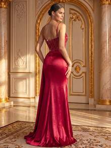 Smilprince Women's Sleeveless Red Woven Formal Dress, Sequin Bodycon Bustier, Spaghetti Straps, High Slit Design, Maxi Length Wedding Party - Burgundy - View 2
