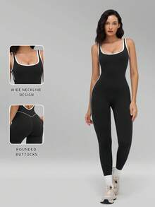 MFVIM Women's Sports Colorblock Tank Top Hollow Back Design Jumpsuit Showcasing Beautiful Shoulder Blades - Black - View 4