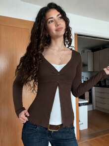 Vintage Y2K Color Block Top Women 2 In 1 Long Sleeve Shirt Preppy Style Casual Streetwear Back To School - Brown - View 4