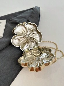 Dedoo 晚宴包－花卉迷你斜挎包，純色亮面飾面，金屬鏈條肩帶，可愛時尚女款手提包，適合約會、婚禮、派對、宴會 - 金色 - 查看 10