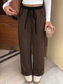 Women's Autumn Colorblock Patchwork Wide Leg Pants, Vacation Street Casual Long Pants, Back To School Autumn Outfit - Brown - View 7
