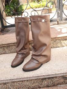 1 Pair Popular Folded Pleated Boots Fashion Buckle Flat Comfortable Solid Color Western Style Casual Microfiber Leather Mid-Calf Boots For Holiday Party Autumn/Winter - Mocha Brown - View 6