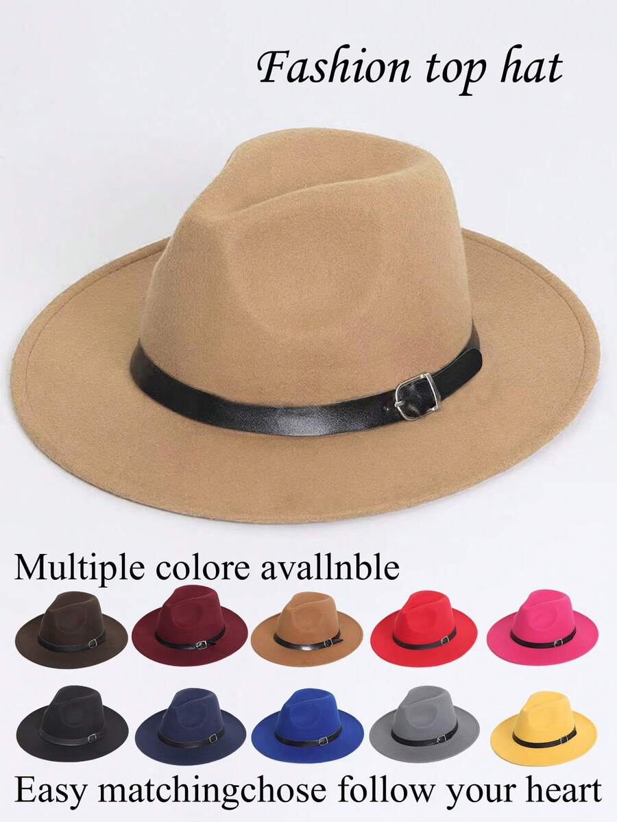 1pc Women's Flat Brim Hat, Polyester Fiber, Decorated With Faux Leather Belt Hatband, Solid Color Versatile, Casual Minimalist - MM2186 - View 1