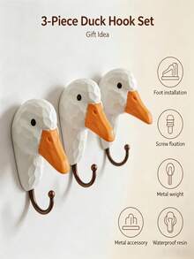 1pc Waterproof Resin Duck Head Bathroom Towel Hook, Cute Faux Wood Carved Texture White Duck Double Hook Wall Mount With Bronze Hook; Vintage Country Fun Animal Style Bathroom Kitchen Entryway Door Back Wall Decor, Suitable For Bathroom Wall, Kitchen Backsplash, Entryway Door Back, Bedroom Closet, Children's Room Soft Decoration; Fits Bathroom Renovation, Housewarming Gift, Creative Bathroom Accessory Gift For Animal Lovers - Multicolor - View 2