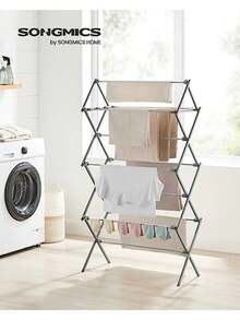 SONGMICS Tendedero Plegable, Tendedero de Ropa, Tendedero Compacto, 37 x 75 x 135.1 cm, Estructura de Acero, Montaje Fácil, Uso Interior Exterior, MLLR770G01 - Gris - Ver 3