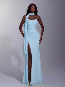 Gaun Panjang Elegan dengan Leher Bentuk Hati dan Korset Berkerut, Gaun Pesta Pernikahan Model Duyung dengan Belahan Tinggi dan Potongan Ramping - Baby Blue - View 4